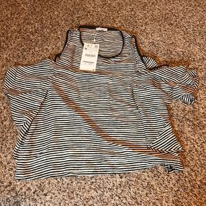 Zara Striped Cold‎ Shoulder Top Ruffle Sleeve Casual Blouse Medium